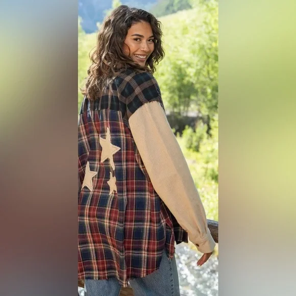 NWT Natural Life Carter Appliqué Oversized Flannel Shirt , Cream Star - Picture 4 of 8
